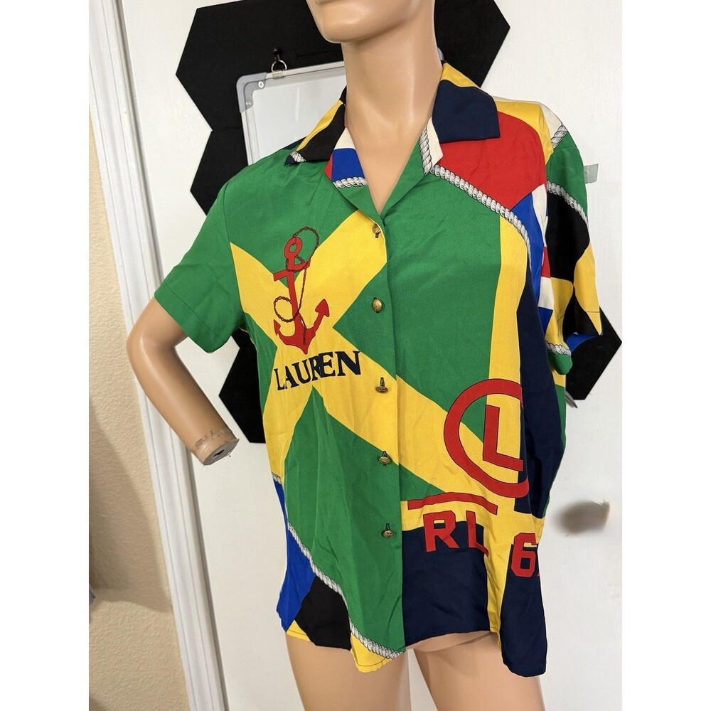 Lauren Ralph Lauren Shirt Womens SmallColorful 100% Silk Nautical Preppy Vintage